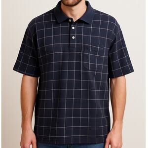 90s Puritan Navy Blue Check Polo Shirt 2XL Short Vintage Cotton Blend Heritage